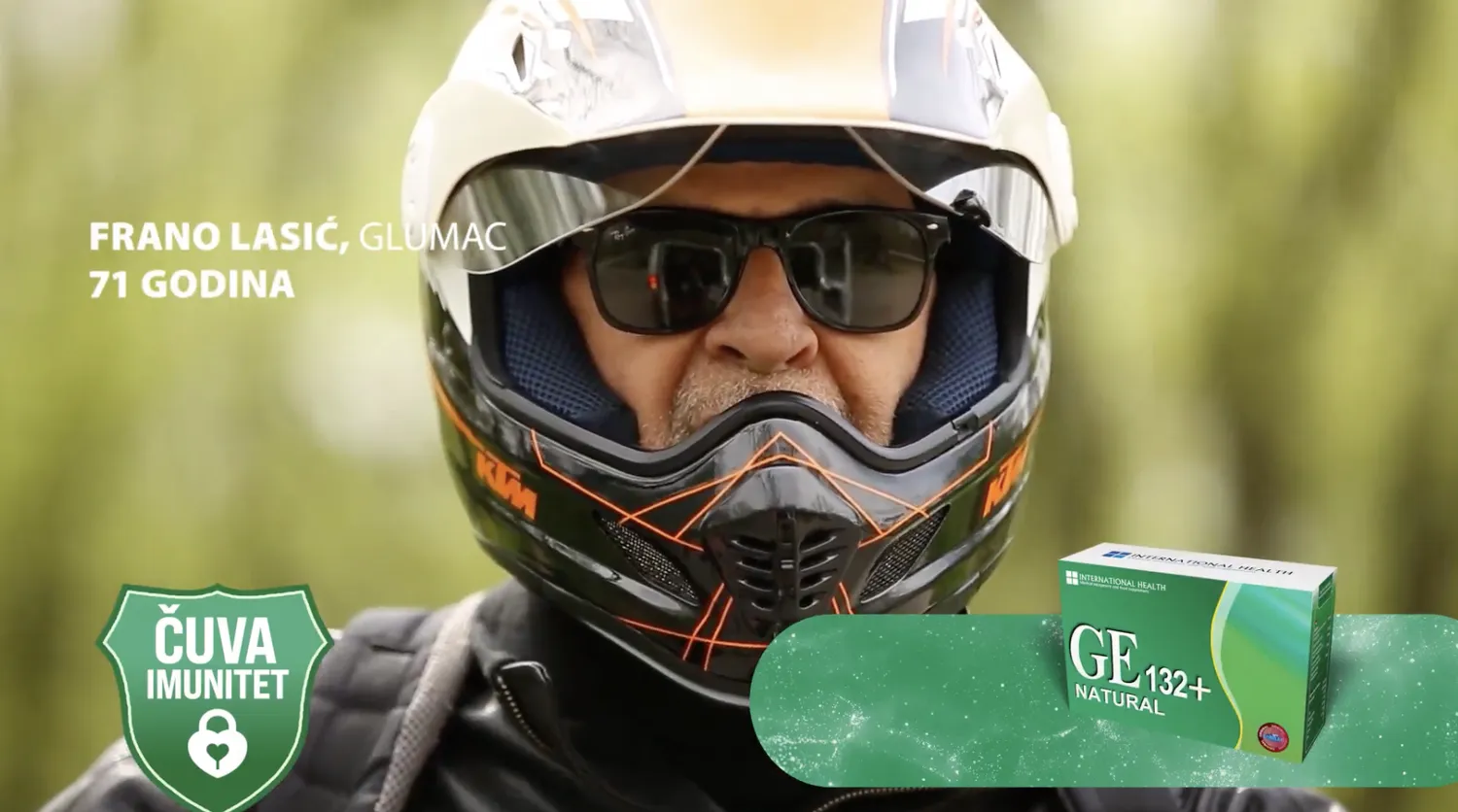 A man wearing a motorcycle helmet and sunglasses. Text on image promotes immunity and a product called GF 132+ Natural.